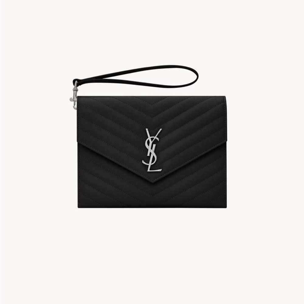 Authentic Saint Laurent Cassandra Flap Pouch in Black and Silver